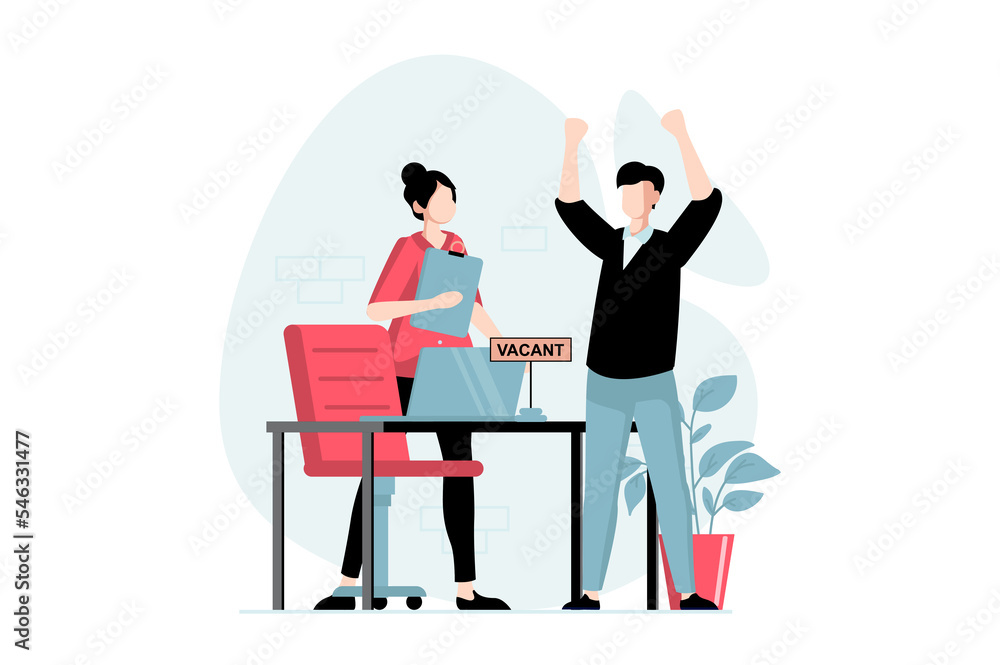 Employee hiring process concept with people scene in flat design. Woman HR manager interviews candidate and hires man for position in staff. Illustration with character situation for web