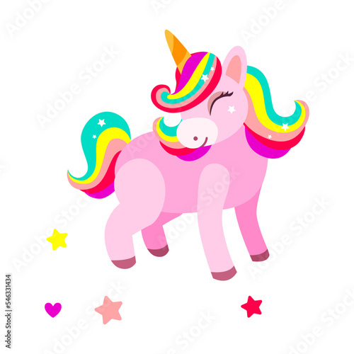 Adorable unicorn smiling with closed eyes  cartoon character vector illustration. Drawing of magical horse with rainbow hair isolated on white background. Magic  fantasy concept