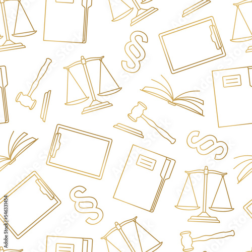 golden seamless pattern with legal advice, court, attorney, law related icons- vector illustration