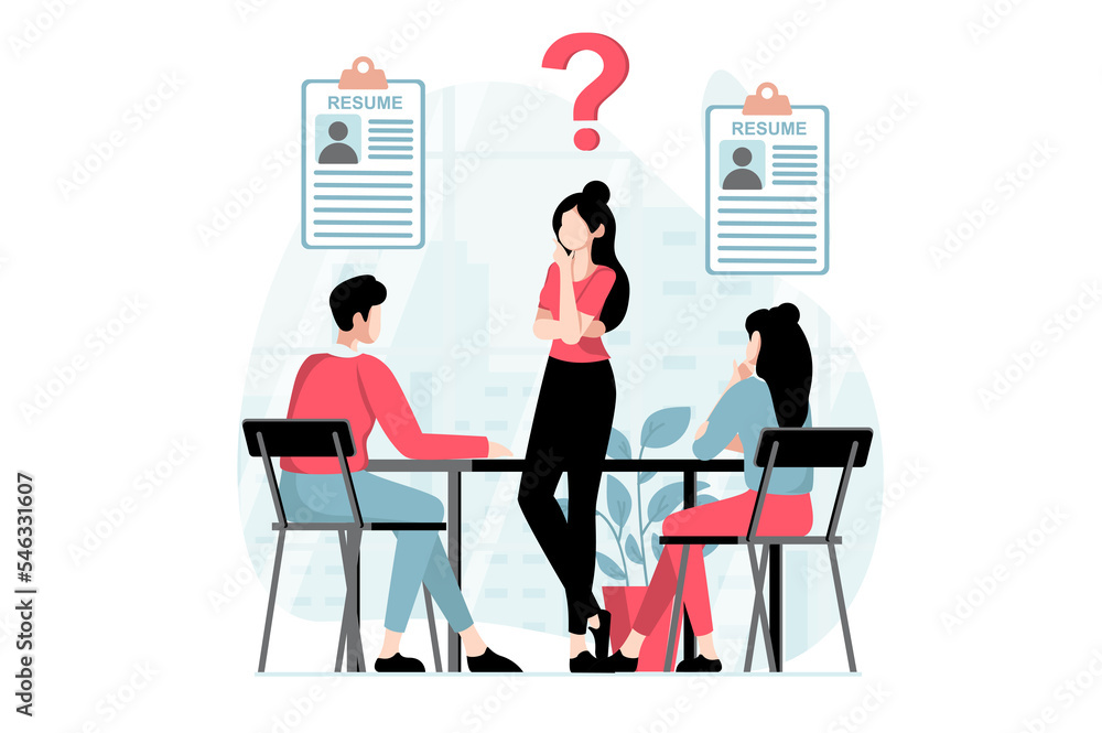 Employee hiring process concept with people scene in flat design. Woman thinking and choosing between job applicants to office at job interview. Illustration with character situation for web