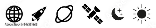 Modern space illustration. Rocket, spaceship, planet, saturn. Moon, satellite. Vector icon. 