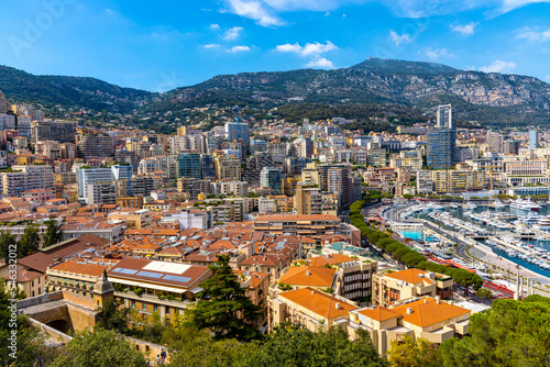 Panoramic view of Monaco metropolitan area with Hercules Port, Carrieres Malbousquet and Les Revoires quarters at Mediterranean Sea coast