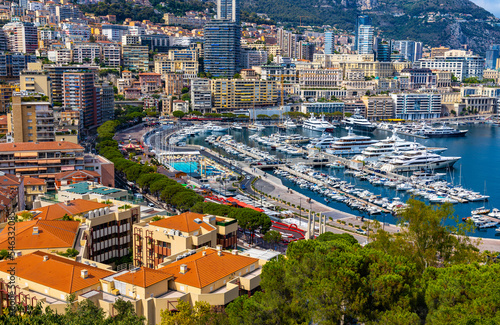 Panoramic view of Monaco metropolitan area with Hercules Port  La Condamine  Monte Carlo and Fontvieille quarters at Mediterranean Sea coast