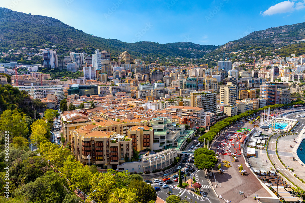 Panoramic view of Monaco metropolitan area with Carrieres Malbousquet and Les Revoires quarters at Mediterranean Sea coast