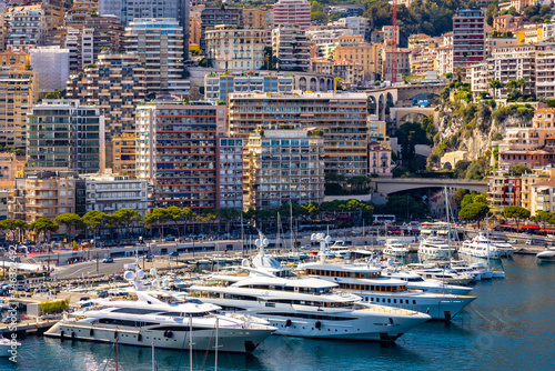 Panoramic view of Monaco metropolitan area with Hercules Port, Carrieres Malbousquet and Les Revoires quarters at Mediterranean Sea coast photo