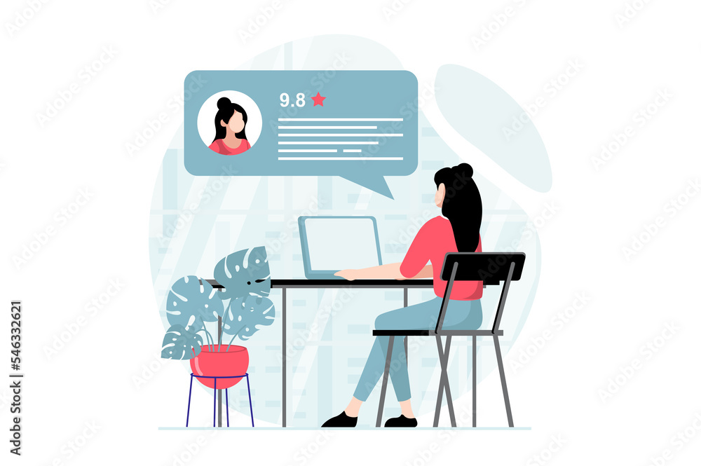 Feedback page concept with people scene in flat design. Woman leaves online comment with rating and describing her user experience using laptop. Illustration with character situation for web