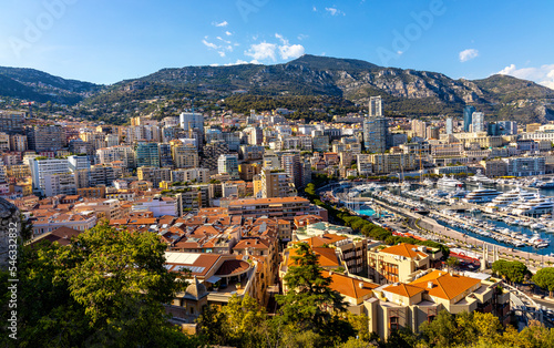 Panoramic view of Monaco metropolitan area with Hercules Port, Carrieres Malbousquet and Les Revoires quarters at Mediterranean Sea coast photo