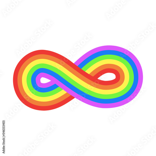 Rainbow in the shape of a figure eight infinity symbol cartoon illustration. Childish rainbow isolated on white background. Weather, sky, patch concept