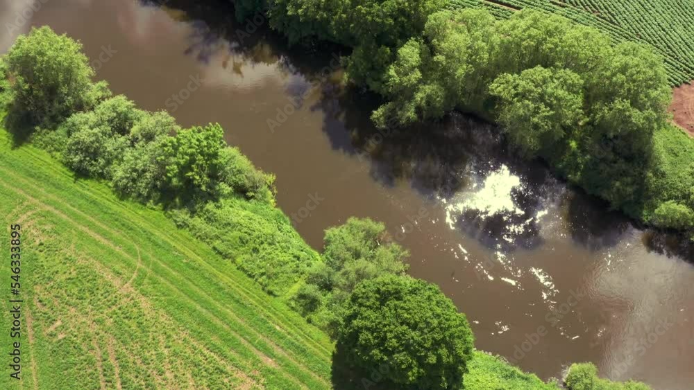 Aerial view of a muddy old river in England UK with fields Aerial view of a muddy old river in England UK with fields