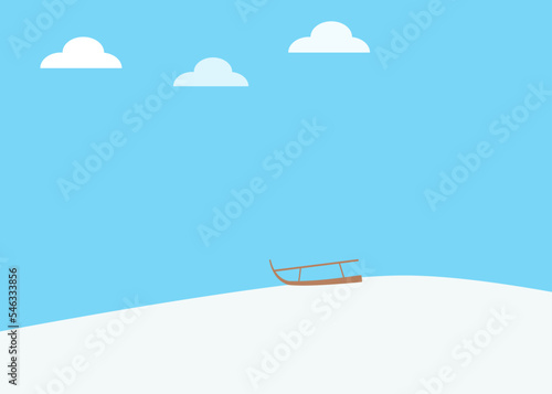 A sled on a snow hill with blue sky and wise clouds. Isolated vector graphic
