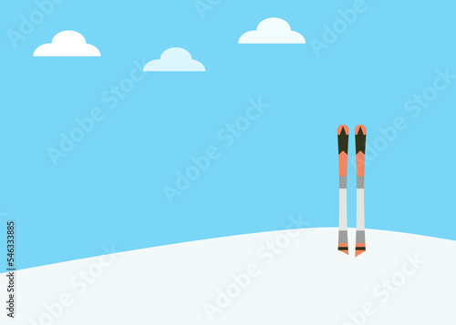 Two skies stuck in snow with blue sky and fluffy white clouds. Isolated vector graphic