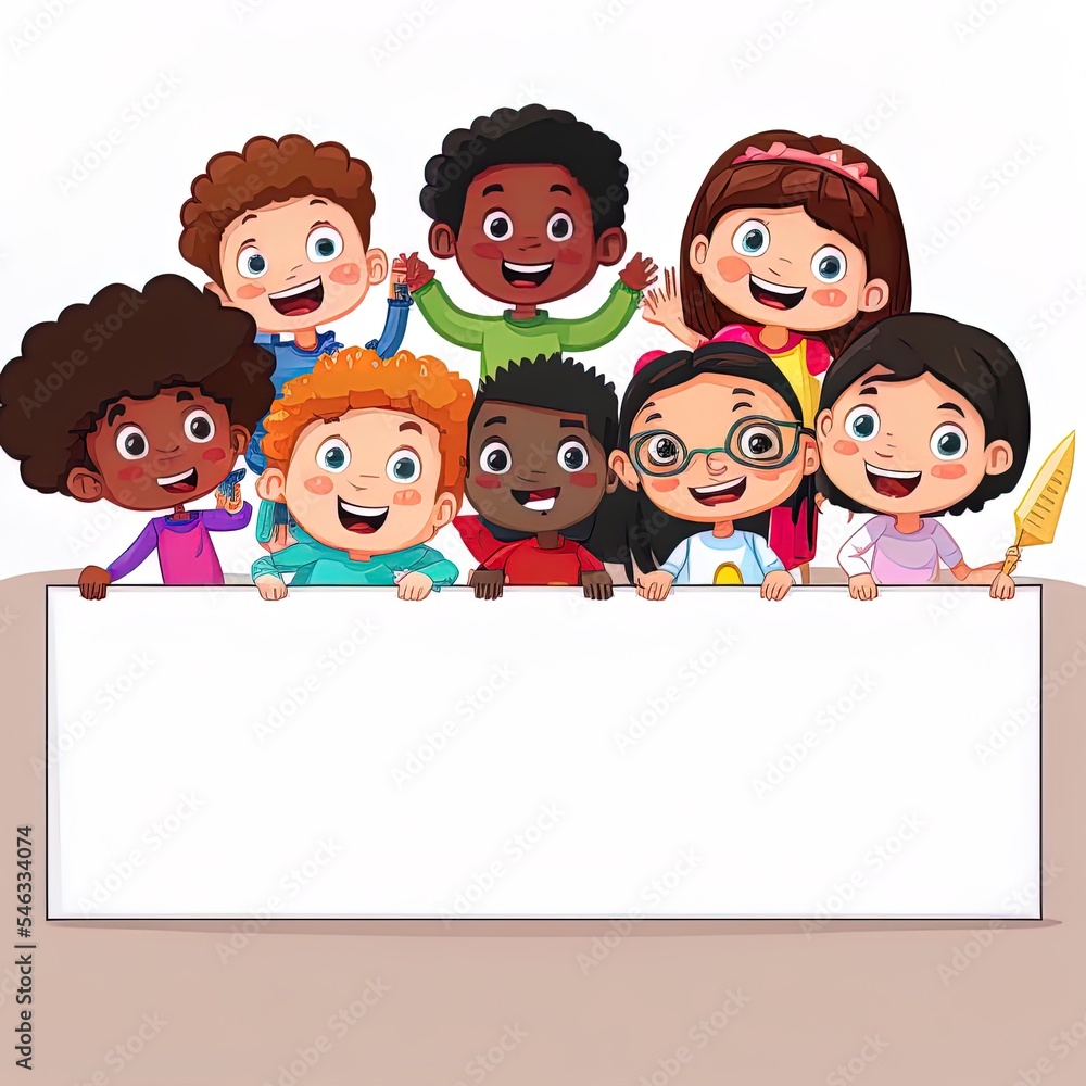 Happy multicultural children hold a blank poster. Template for advertising brochure. Cute little kids on a white background panorama template. Funny cartoon character. 2r illustrated illustration Happy multicultural children hold a blank poster. Template for advertising brochure. Cute little kids on a white background panorama template. Funny cartoon character. 2r illustrated illustration