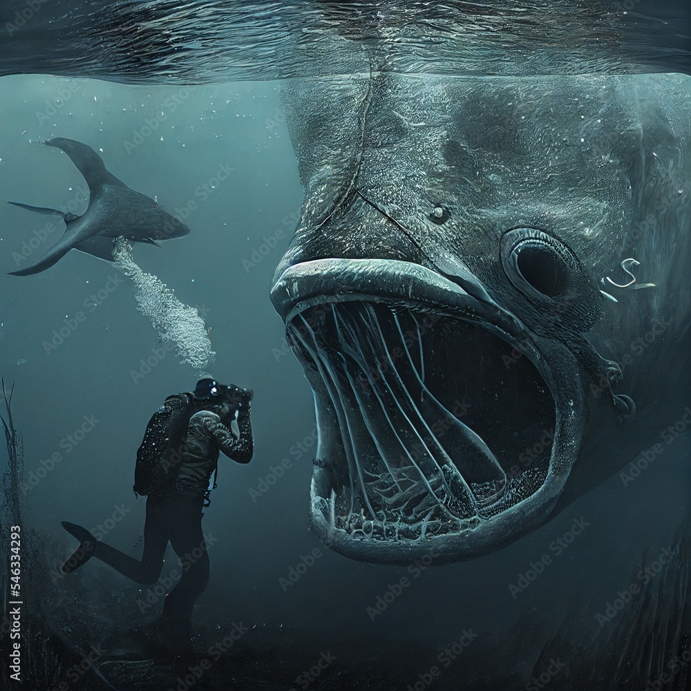 Underwater horror whale ocean deep sea creature concept art, bones, teeth, skeleton monster fish