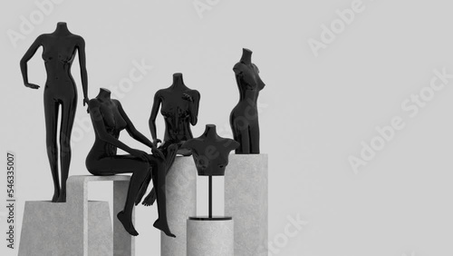 Statue of model mannequin in black for showcasing fashion clothes in an abstract concept. on stone pallet product stand. isolate on white background. 3d rendering spinning looped