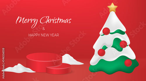 Red background Happy New Year. Green Christmas tree with star and balls strewn with snow on round cylinder studio podium, realistic 3d decorative mockup. Holidays decorations. Vector illustration