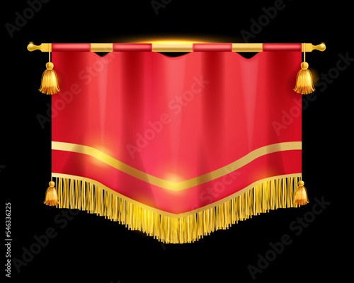 Medieval game flag, red vector royal banner, knight pennant, golden fringe, hanging ensign tassel. Vintage old cloth, celebration winner frame, textile UI celebration design element. Medieval flag