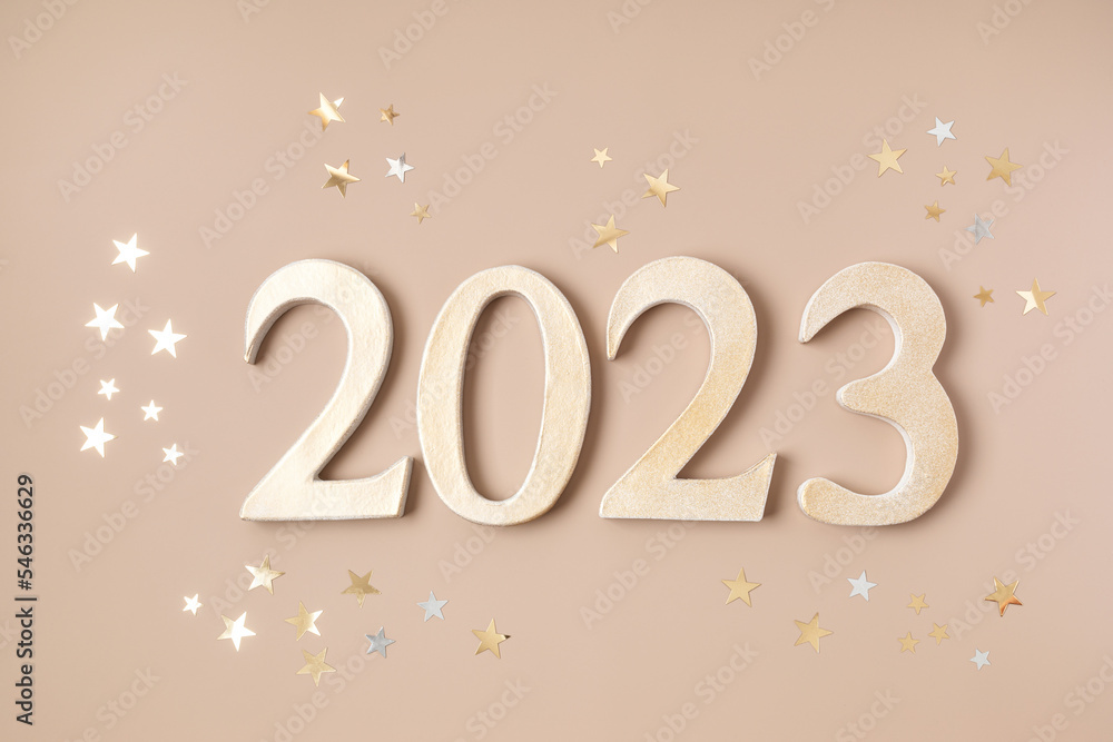 Figures 2023 on neutral background. Happy New year, party, celebration, beginning, start concept Figures 2023 on neutral background. Happy New year, party, celebration, beginning, start concept