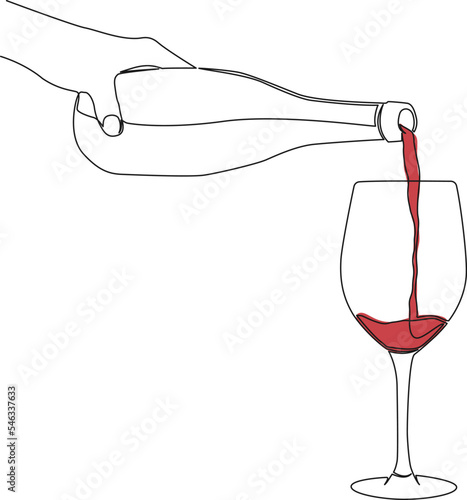 continuous single line drawing of hand holding bottle pouring wine into glass, line art vector illustration