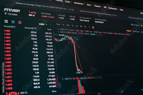 Global fall of cryptocurrency graph - FTT token fell down on the chart crypto exchanges on app screen. FTX exchange bankruptcy and the collapse depreciation of token. photo