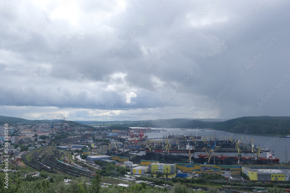 View of the city of Murmansk, Kola Bay and seaport, Russia, July 2022