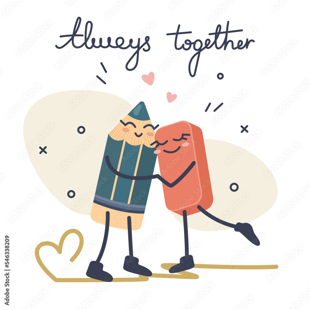 Cartoon smiling pencil and eraser  friends, happy to meet. Cute school characters with joyful emotions in romantic relationship. Stationery. Education, school, knowledge,  concept. Vector illustration