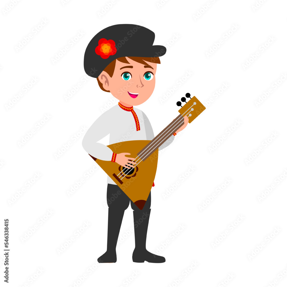 Russian boy with balalaika in hands in national clothes, musician with national instrument. Vector illustration. on white background. Traveling, culture concept