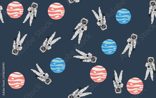 An astronaut with two colored planets on a dark background. Seamless pattern