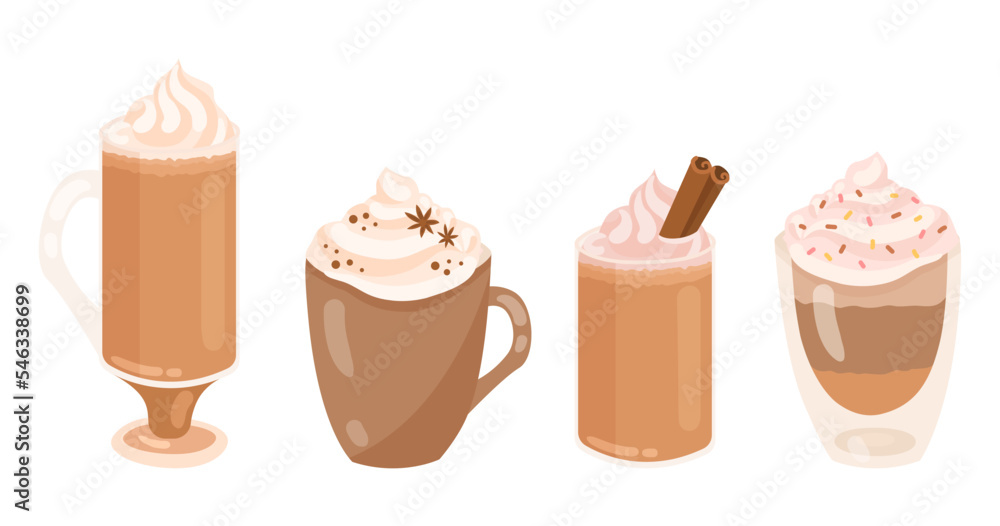 Glasses with cocktails or coffee drinks vector illustrations set. Glass cups with brown liquid, whipped cream, cinnamon sticks or sprinkles on top on white background. Beverage, coffee shop concept