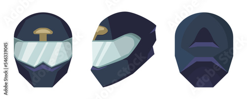 Dark blue motorcycle helmet vector illustrations set. Front, side and back view of protective hat for racing on white background. Safety, protection, transportation, extreme sports concept