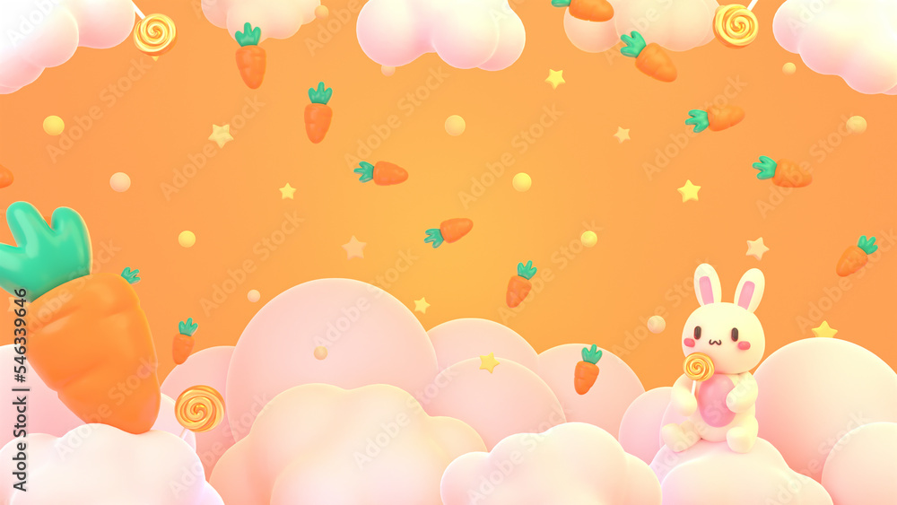 3d rendered kawaii bunny and carrot on the clouds. 3d rendered kawaii bunny and carrot on the clouds.