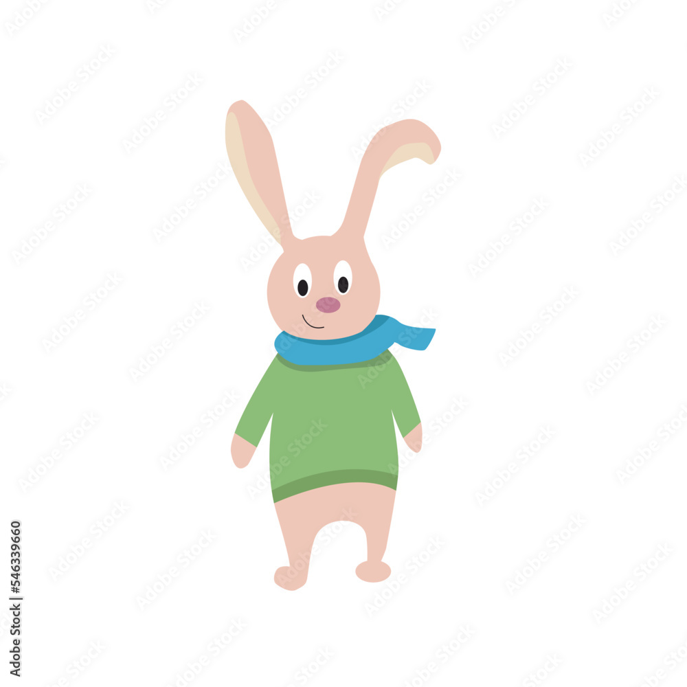 Obraz premium 2023.Happy cute bunny in a sweater and scarf. Rabbit is the symbol of the year. Rabbit character for greeting cards and printing. Vector cartoon illustration.