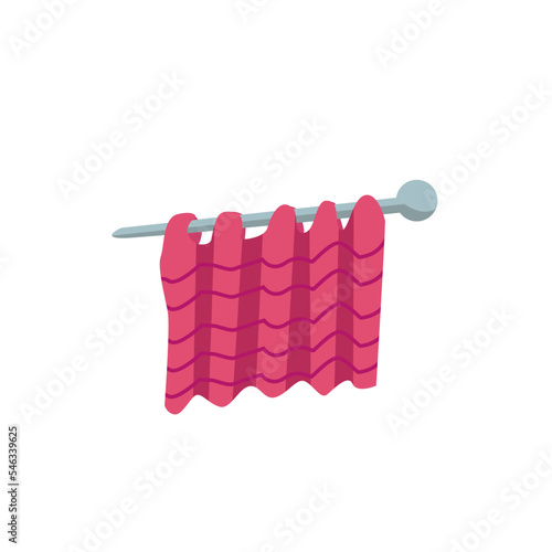 Love of knitting. Knitted fabric with knitting needles. Hobbies, needlework, handwork. Vector cartoon illustration.