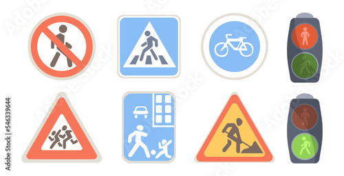 Different road signs vector illustrations set. Traffic signs for safe transportation and traffic lights isolated on white background. Traffic, protection, prevention, safety concept