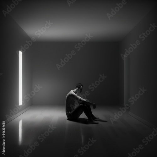 Lonely man sits in a dark room. Made by AI.