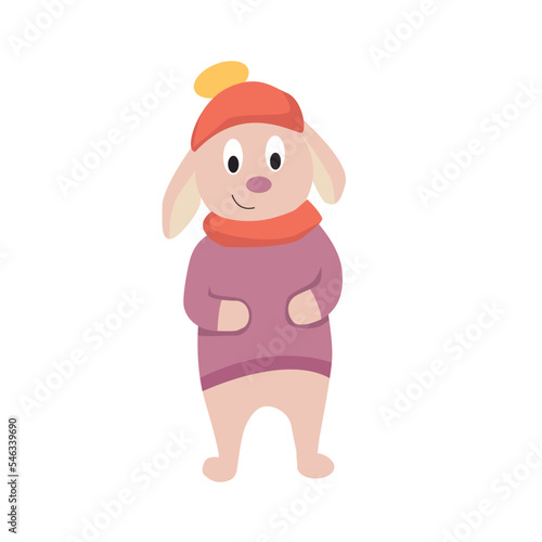 2023.Happy cute rabbit in a sweater, scarf and hat. Rabbit is the symbol of the year. Rabbit character for greeting cards and printing. Vector cartoon illustration.