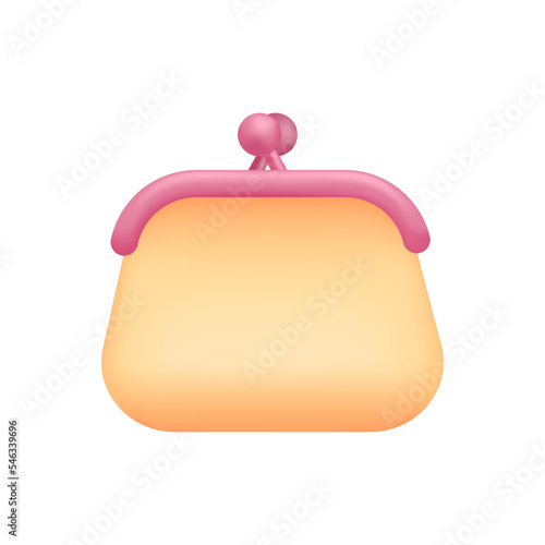 Yellow female pocket wallet for cash money 3D icon. Leather purse for buying on shopping, golden pouch bag of woman 3D vector illustration on white background. Accessory, investment, wealth concept