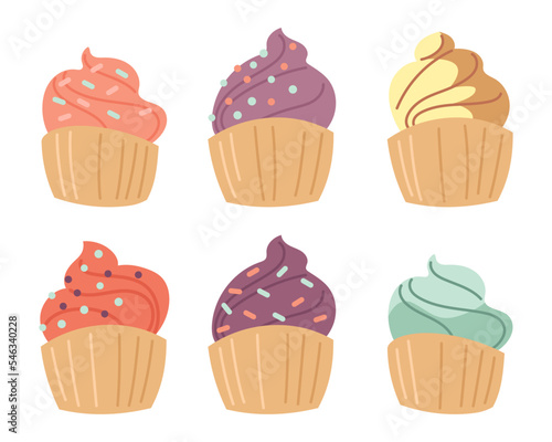 Cupcakes with colorful cream vector illustrations set. Cartoon drawings of muffins with red, purple, yellow and blue toppings isolated on white background. Desserts, food, bakery, pastry concept