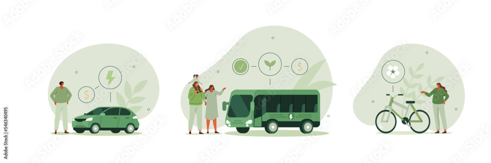 Sustainable transportation illustration set. Characters standing near private electric car, e-bike and public bus. Environmental friendly transport concept. Vector illustration. - obrazy, fototapety, plakaty 