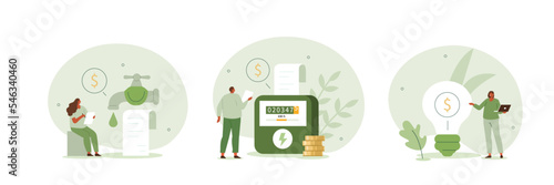 
Household bills illustration set. Characters calculating electricity, warm tap water and other utility costs. Energy and utilities consumption at home concept. Vector illustration.