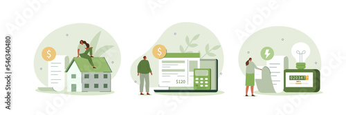 Cost of living payment illustration set. Characters calculating utility bills and worrying about costs increase. Energy and utilities consumption at home concept. Vector illustration.