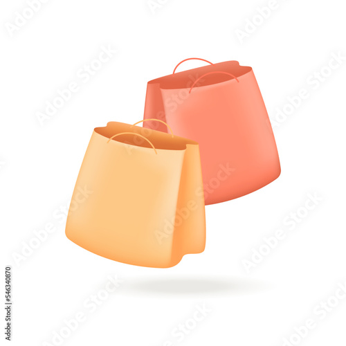 Red and yellow two shopping bags with handles 3D icon. Paper or cardboard packaging for purchases of customer on shop sales 3D vector illustration on white background. Commerce, merchandise concept