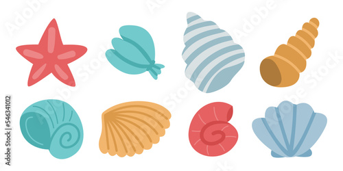 Colorful seashells of different shapes vector illustrations set. Collection of drawings of cockleshells, shellfish or mollusks isolated on white background. Traveling, vacation, holidays concept