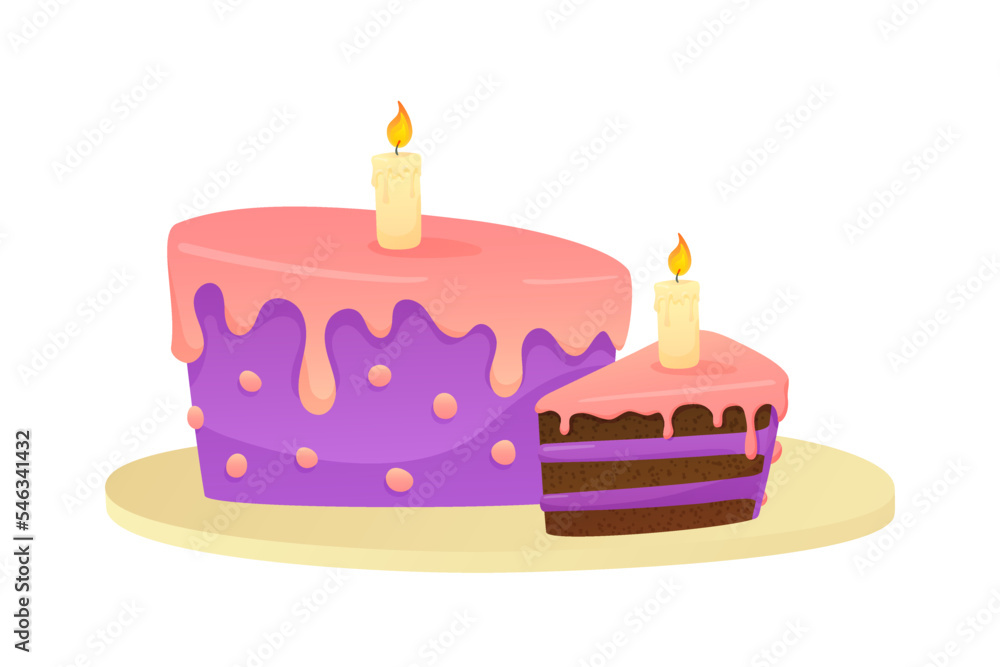Cake and piece of cake with purple, pink icing, glaze and burning candle. Holiday vector illustration for postcard, Happy Birthday, banner, web, design, art, invitation, greeting, congratulations Cake and piece of cake with purple, pink icing, glaze and burning candle. Holiday vector illustration for postcard, Happy Birthday, banner, web, design, art, invitation, greeting, congratulations