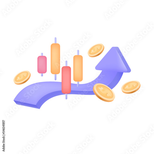 Purple arrow growing among market candles and gold coins 3D icon. Growth chart of money income, profit from buying and selling 3D vector illustration on white background. Trade, finance concept