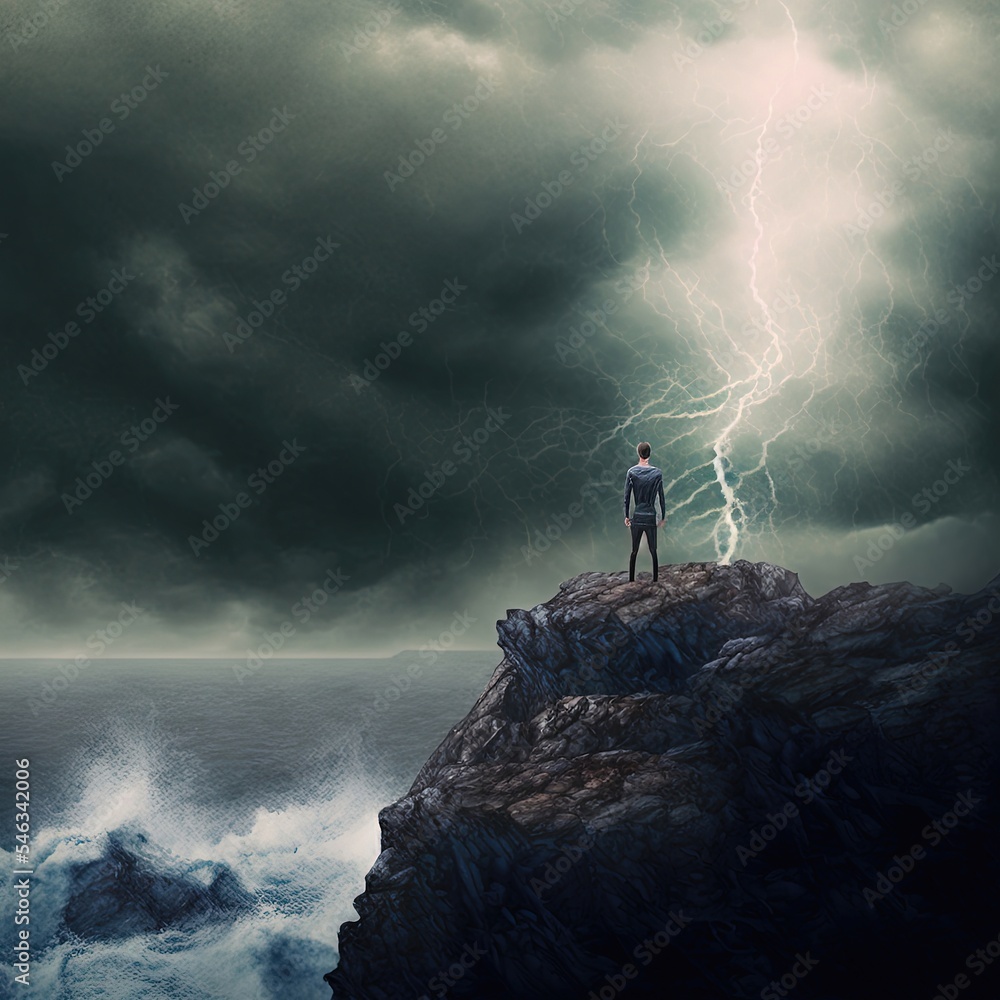 A man stands on the edge of a cliff, the weather is bad. Made by AI.