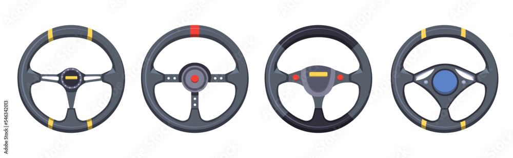 Different steering wheels for car vector illustrations set. Collection of drawings of steering wheels with buttons for driving or game on white background. Transportation, entertainment concept - obrazy, fototapety, plakaty 