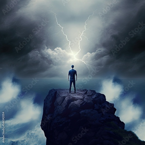 A man stands on the edge of a cliff  the weather is bad. Made by AI.