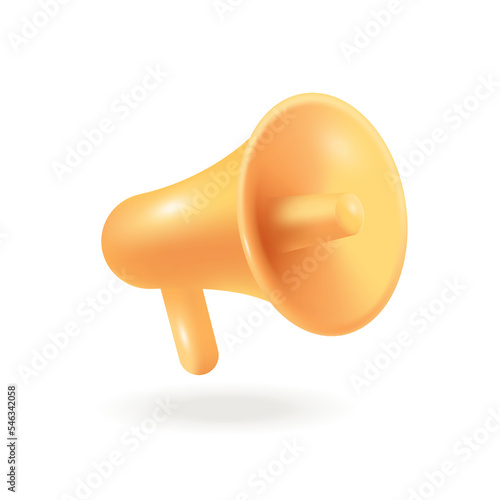 Yellow megaphone with sound horn and handle 3D icon. Loudspeaker for drawing attention to alarm information, news, advertisement 3D vector illustration on white background. Marketing, alert concept