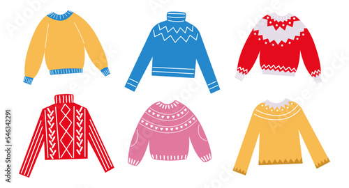 Cute Christmas sweaters vector illustrations set. Collection of cartoon drawings of colorful jumpers with different ornaments or designs isolated on white background. Fashion, winter, holidays concept