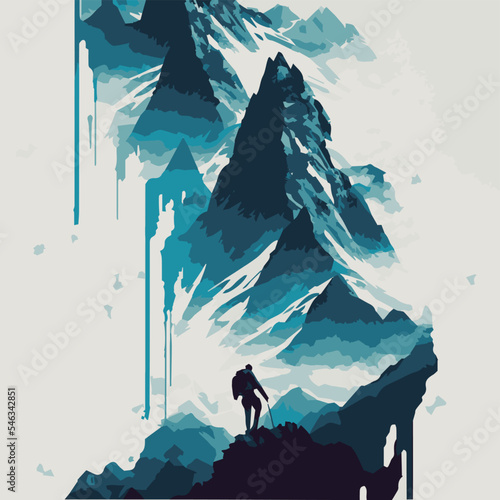 Mountaineer climbing on top of a mountain. Vector illustration of success and hard work. Hiking to the peak. Extreme sport concept. Icon of adventure and expedition. Challenge trekking. Business goals